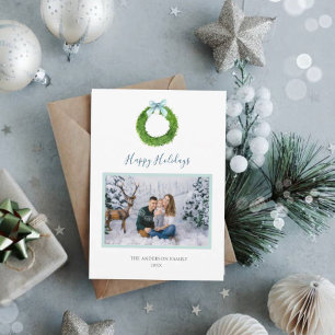 Holidays photo card with watercolor wreath & bow