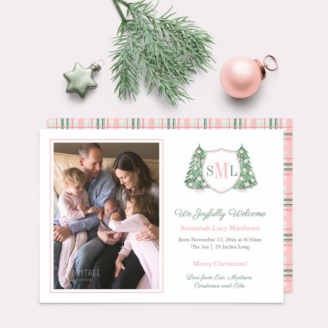 Holidays Pink Chinoiserie Welcome Baby Girl Photo Announcement (Monogram pink and green baby girl Holidays birth announcement and Christmas Card)