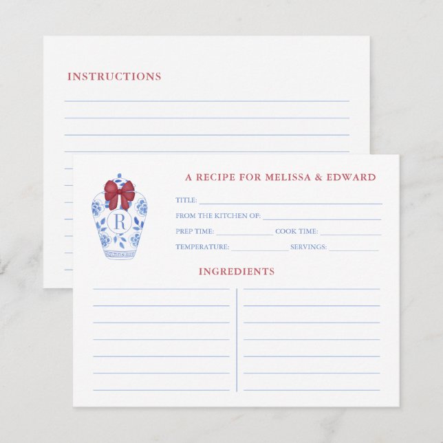 Holidays Red Bow Ginger Jar Monogram Recipe Card (Front/Back)