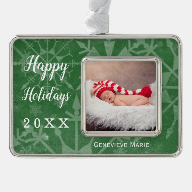 Holidays Snowflake Keepsake Year Photo Silver Plated Framed Ornament (Front)