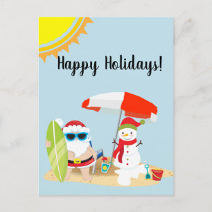 Holidays Tropical Beach Snowman Santa Christmas Postcard