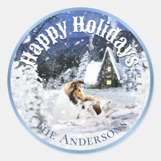 Holidays Winter Fairy Tale, Sable Collie & Lambs - Classic Round Sticker