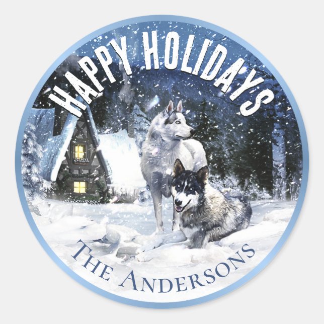 Holidays Winter Fairy Tale, Wolves in Snow - Classic Round Sticker (Front)