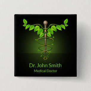 Holistic Alternative Medical Caduceus Green Leaves 15 Cm Square Badge
