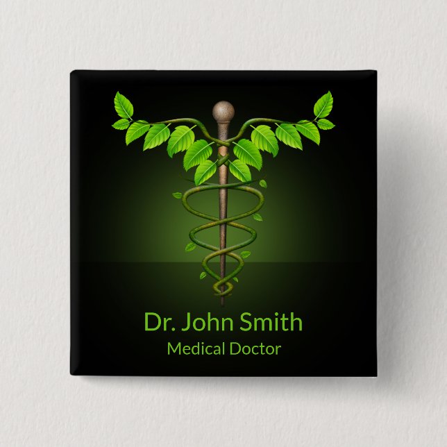 Holistic Alternative Medical Caduceus Green Leaves 15 Cm Square Badge (Front)
