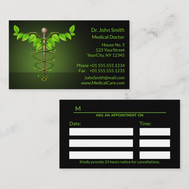 Holistic Alternative Medical Caduceus Green Leaves Appointment Card (Front/Back)