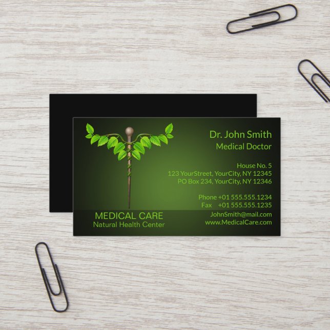 Holistic Alternative Medical Caduceus Green Leaves Business Card (Front/Back In Situ)