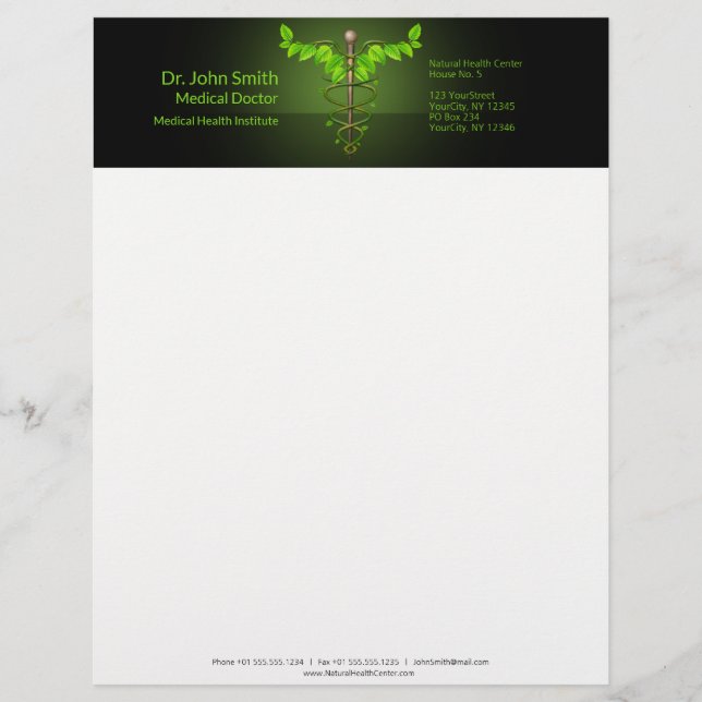 Holistic Alternative Medical Caduceus Green Leaves Custom Letterhead (Front)