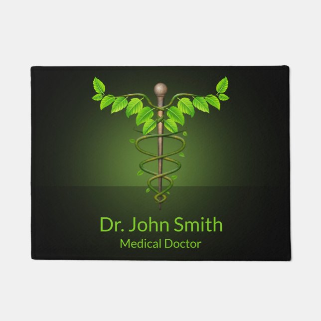 Holistic Alternative Medical Caduceus Green Leaves Doormat (Front)