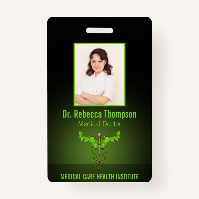Holistic Alternative Medical Caduceus Green Leaves ID Badge (Front)