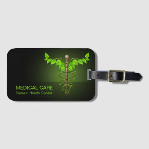 Holistic Alternative Medical Caduceus Green Leaves Luggage Tag