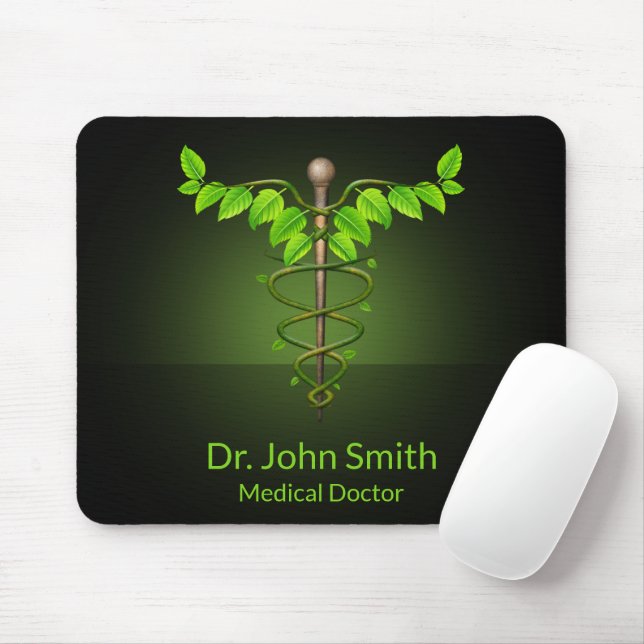 Holistic Alternative Medical Caduceus Green Leaves Mouse Mat (With Mouse)