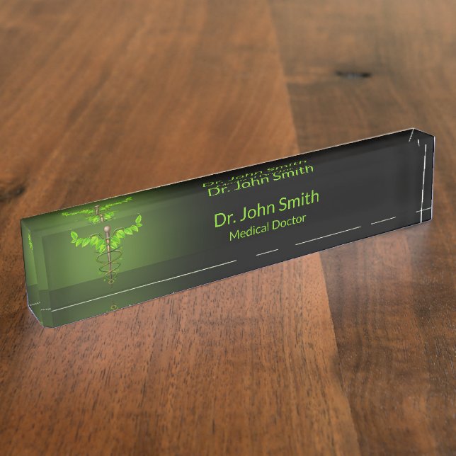 Holistic Alternative Medical Caduceus Green Leaves Nameplate (Side)