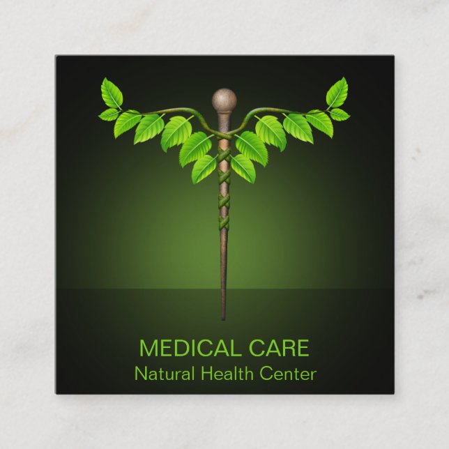Holistic Alternative Medical Caduceus Green Leaves Square Business Card (Front)