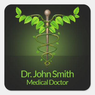 Holistic Alternative Medical Caduceus Green Leaves Square Sticker