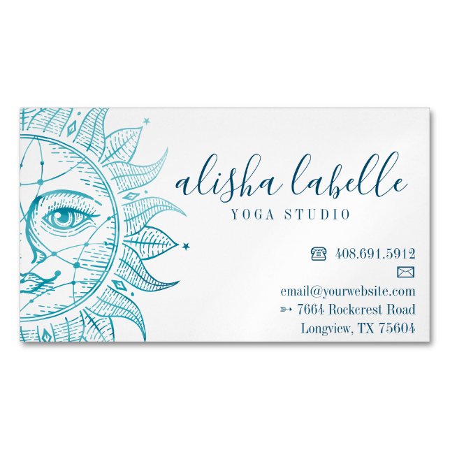Holistic & Beautiful Celestial Sun Face & Stars Magnetic Business Card (Front)