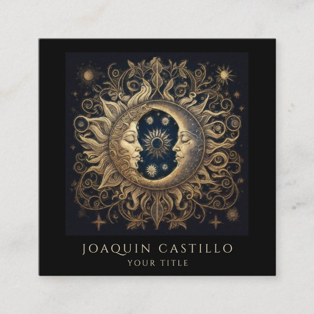 Holistic Celestial Gold Sun Moon Black Square Business Card (Front)