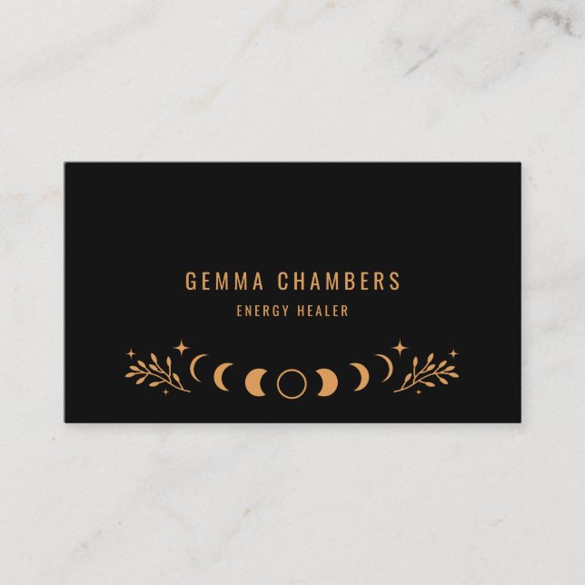 Holistic Celestial Moon Phases Gold Black Business Card (Front)