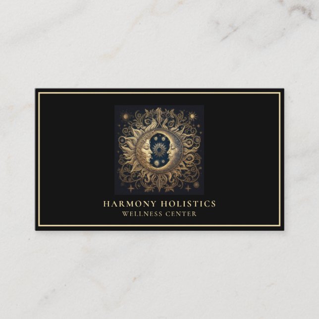 Holistic Celestial Moon Sun Gold Black Business Card (Front)