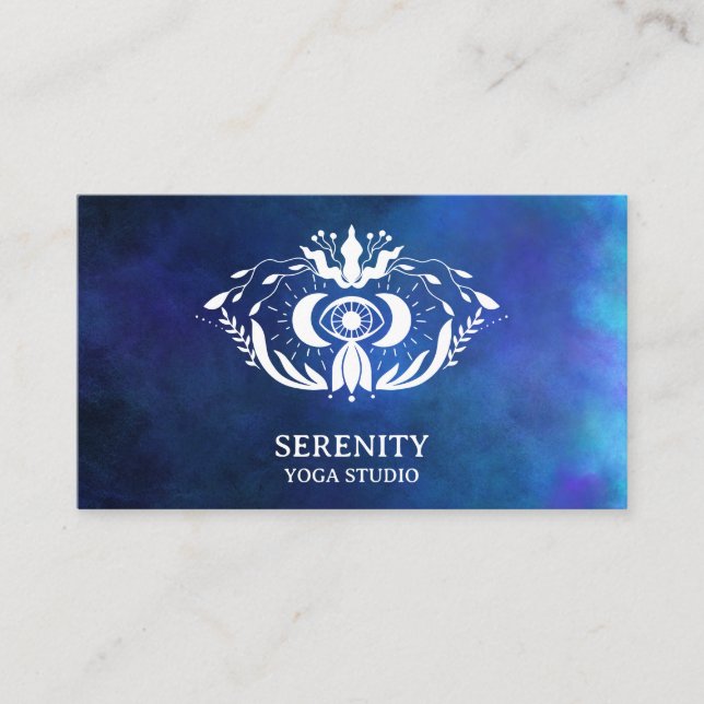 Holistic Celestial Moon Third Eye Nebula Blue Busi Business Card (Front)