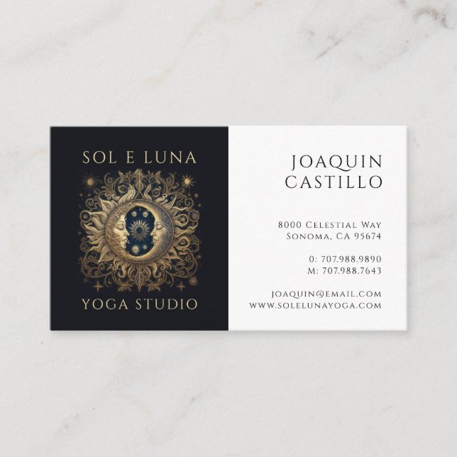 Holistic Celestial Sun Moon Gold Blue Black Yoga Business Card (Front)