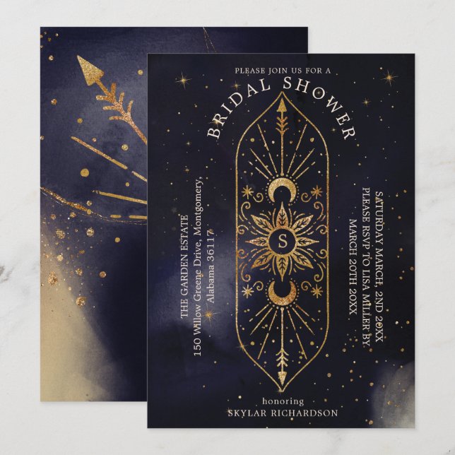 Holistic Celestial Sun & Moon Navy Bridal Shower Invitation (Front/Back)