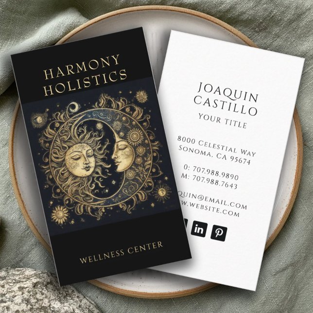 Holistic Celestial Sun Moon Stars Gold Black Business Card (Creator Uploaded)