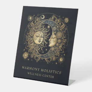 Holistic Celestial Sun Moon Stars Gold Black Pedestal Sign
