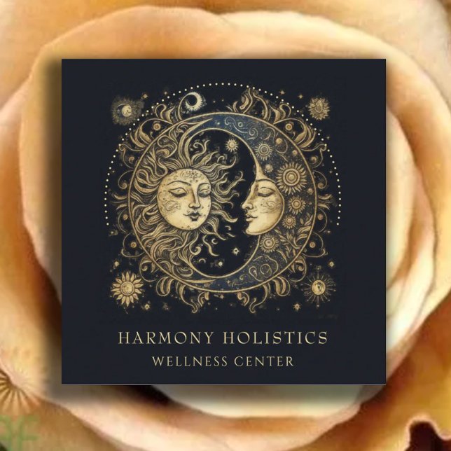 Holistic Celestial Sun Moon Stars Gold Black Square Business Card (Creator Uploaded)