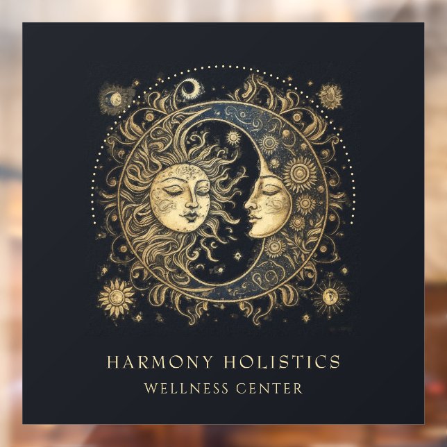 Holistic Celestial Sun Moon Stars Gold Black Window Cling (Sheet 2)