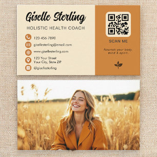 Holistic Health Coach Yellow Orange QR Code Photo Business Card