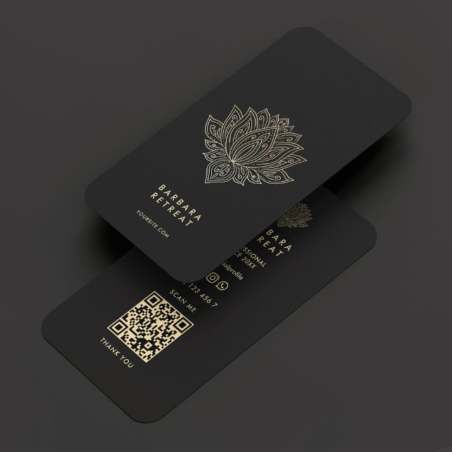 Holistic Wellness Coach  Black Faux Gold Lotus Business Card (Modern Holistic Wellness Elegant Black Gold Lotus Business Card
)
