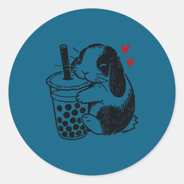 Holland Lop Rabbit Loves Boba Tea Bunny &amp; Bubb Classic Round Sticker (Front)