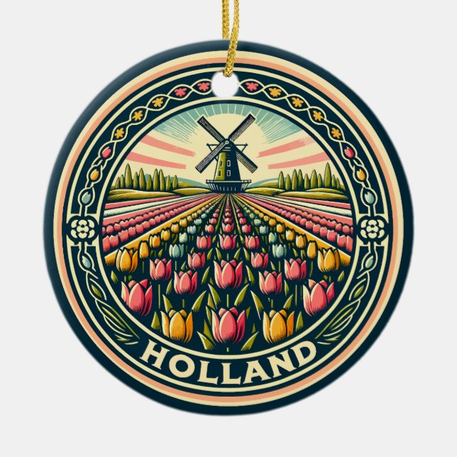 Holland Netherlands Travel Art Badge Ceramic Tree Decoration (Front)