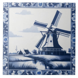 Holland Netherlands Windmill Delft Blue and White Tile