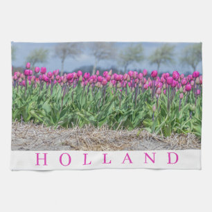 Holland pink tulips field view tea towel