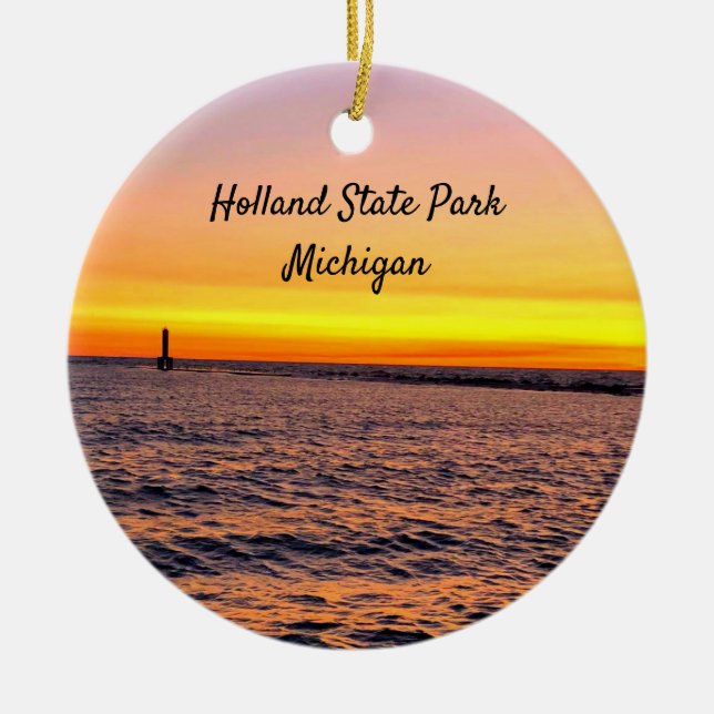 Holland State Park Michigan Pier Sunset Ceramic Tree Decoration (Front)
