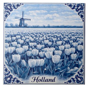 Holland tulips Delft Blue style ceramic tile