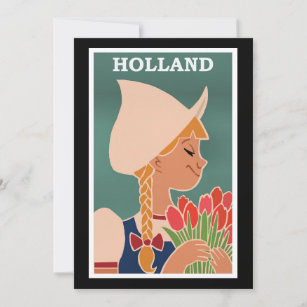 Holland, vintage poster, Dutch girl with tulips, Card
