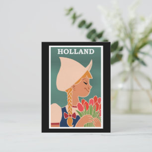 Holland, vintage poster, Dutch girl with tulips, Postcard