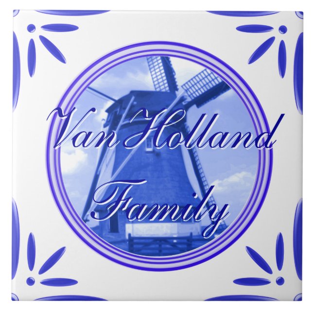 Holland Windmill Delft Blue Printed Family Name Tile (Front)