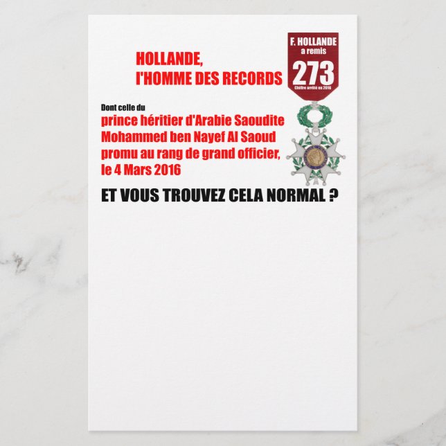 Hollande Record Legions d'Honneur - Letterhead (Front)