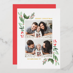 Hollies and Greenery Two Photo Merry Christmas Foil Holiday Card