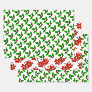Hollies and Poinsettias Wrapping Paper Sheet