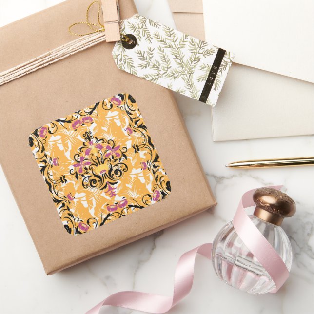 Hollow Bloom – Black & Orange Floral Square Sticker (Gifting)