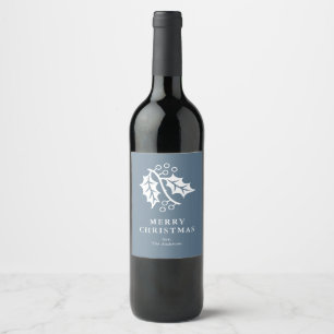 Holly and Berries Blue Christmas Wine Label