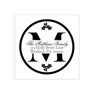 Holly and Berries Christmas Holiday Monogram Rubber Stamp