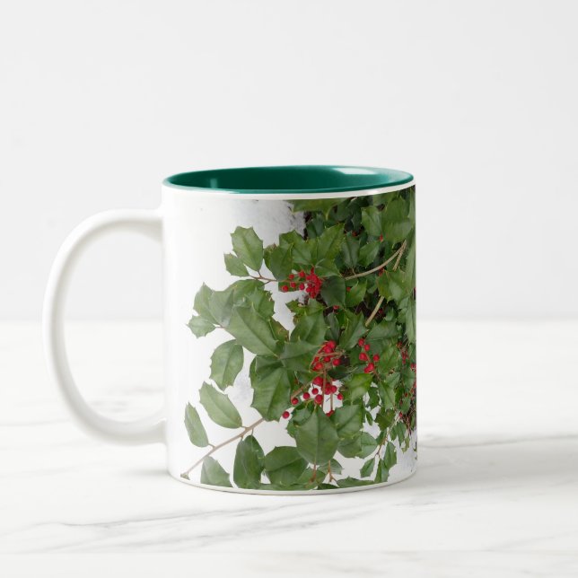 Holly and Berries Christmas Holiday Two-Tone Coffee Mug (Left)