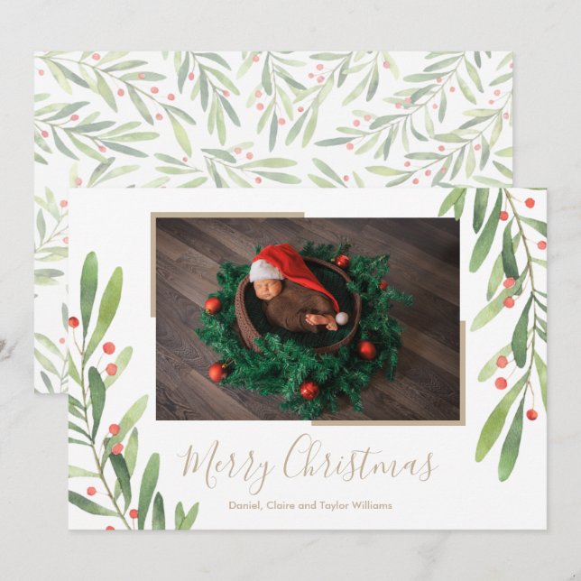 Holly and Berries Christmas Photo Holiday Card (Front/Back)