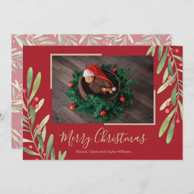 Holly and Berries Christmas Photo Holiday Card (Front/Back)